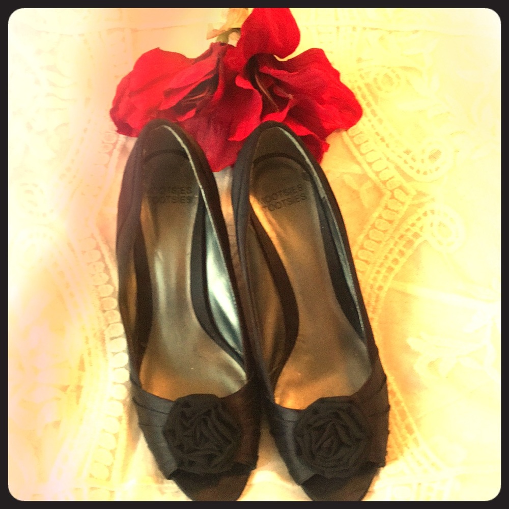Black Satin Shoe with Flower